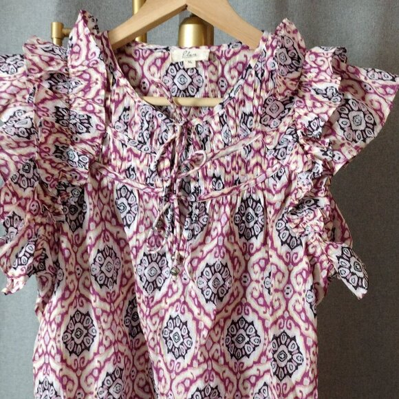 Elan Tops - Elan Women’s XL Boho Ikat Print Blouse Ruffle Sleeve Tie Neck Top NWOT